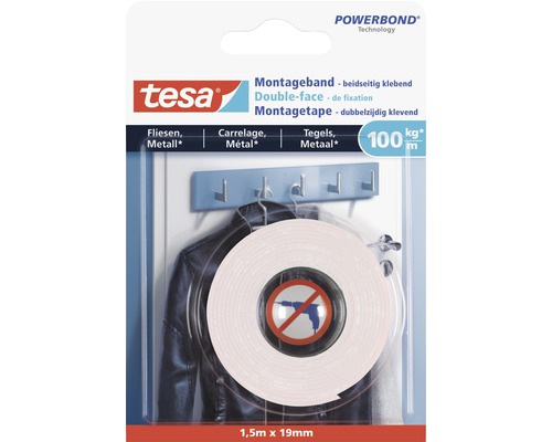 TESA Powerbond montagetape dubbelzijdig klevend voor tegels en metaal wit 1,5 m x 19 mm-0