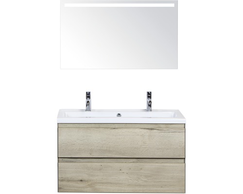Badkamermeubelset Evora 100 cm 2 kraangaten incl. spiegel met verlichting natuur eiken-0