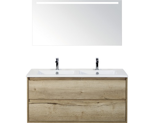 Badkamermeubelset Porto 120 cm 2 laden keramische wastafel incl. spiegel met verlichting natuur eiken