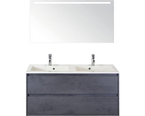 Badkamermeubelset Porto 120 cm 2 laden kunststeen wastafel incl. spiegel met verlichting beton antraciet