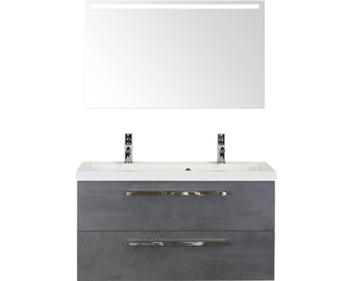 Badkamermeubelset Seville 100 cm kunststeen wastafel 2 kraangaten incl. spiegel met verlichting beton antraciet-0